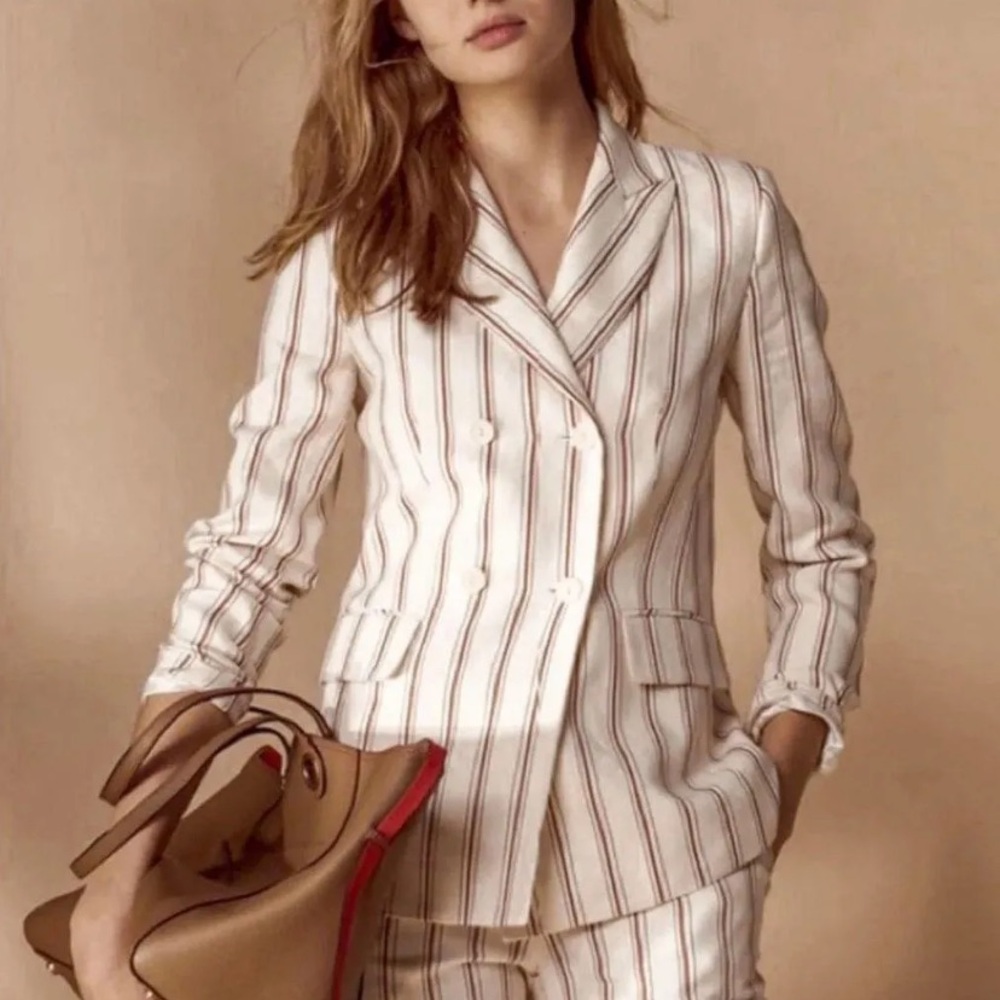 Sandro Striped Linen Cream & Red Suit Set Double Breasted Blazer